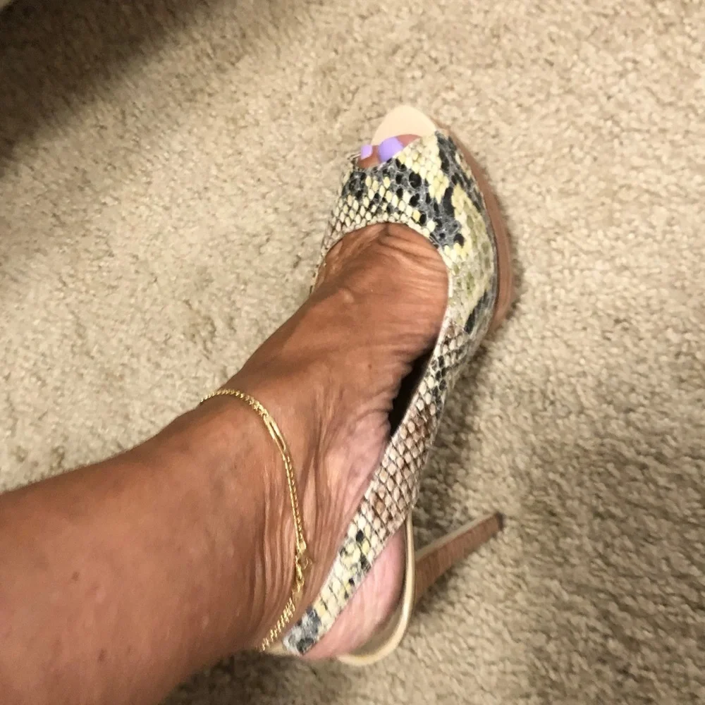 Guess by Marciano Snake-Print Peep Toe Slingback Heels in Cream, Black and Brown